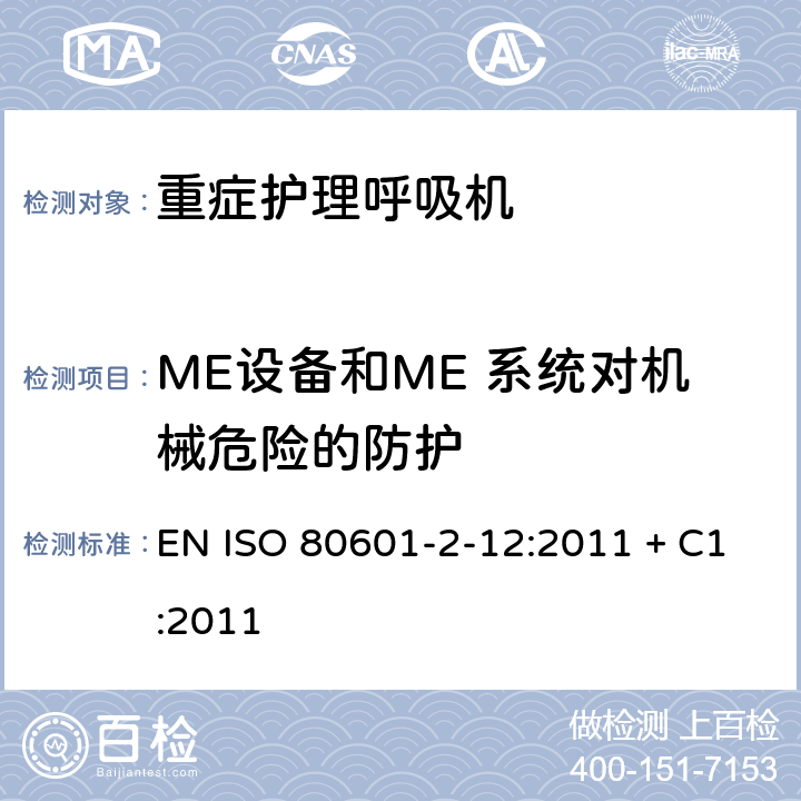 ME设备和ME 系统对机械危险的防护 医用电气设备-第2-12部分 危机护理呼吸机的安全专用要求 EN ISO 80601-2-12:2011 + C1:2011 201.9