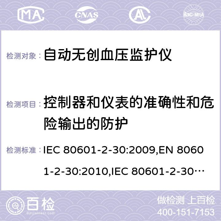 控制器和仪表的准确性和危险输出的防护 医用电气设备 第2-30部分：自动无创血压监护仪基本安全与基本性能专用要求 IEC 80601-2-30:2009,EN 80601-2-30:2010,IEC 80601-2-30:2009+A1:2013,EN 80601-2-30:2010+A1:2015,ANSI/AAMI/IEC 80601-2-30:2009+A1:2013 201.12