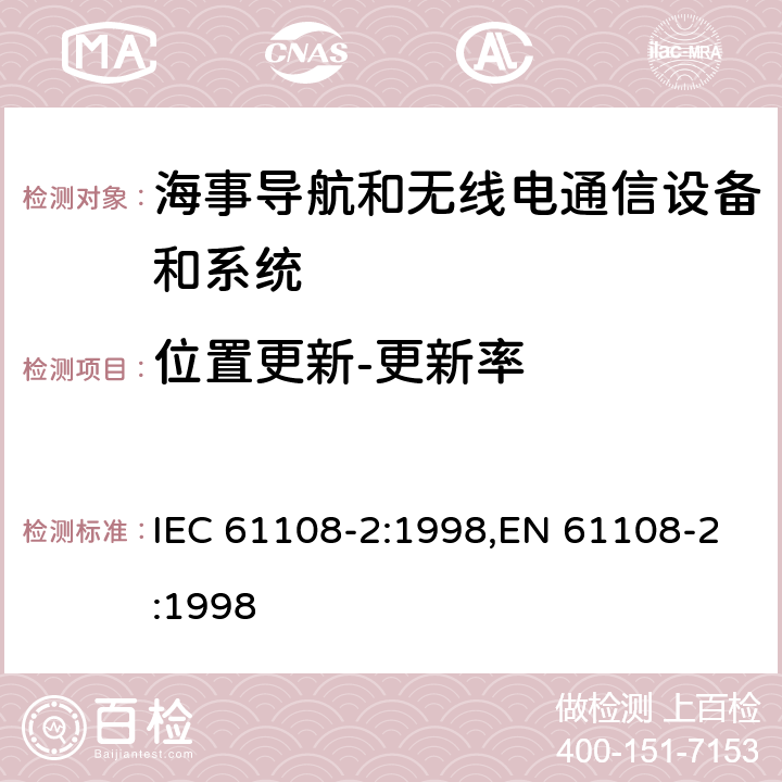 位置更新-更新率 海上导航和无线电通信设备和系统－全球导航卫星系统（GNSS）－第2部分：全球导航卫星系统（GLONASS）－接收机设备性能标准，测试方法和要求的测试结果 IEC 61108-2:1998,EN 61108-2:1998 5.6.10.2