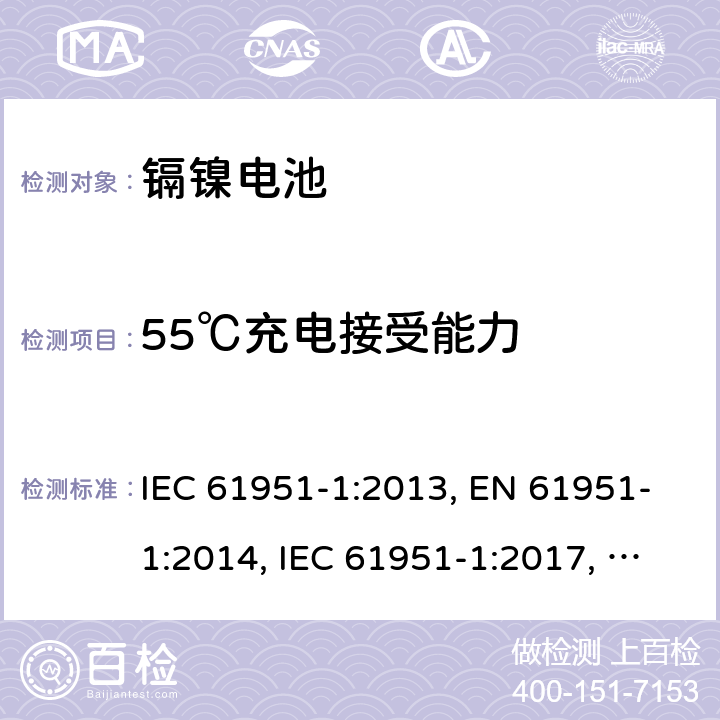 55℃充電接受能力 含堿性或其他非酸性電解質的蓄電池和蓄電池組-便攜式密封單體蓄電池- 第1部分：鎳鎘電池 IEC 61951-1:2013, EN 61951-1:2014, IEC 61951-1:2017, EN 61951-1:2017 7.10