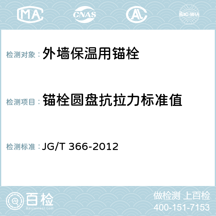 锚栓圆盘抗拉力标准值 《外墙保温用锚栓》 JG/T 366-2012 （7.5）