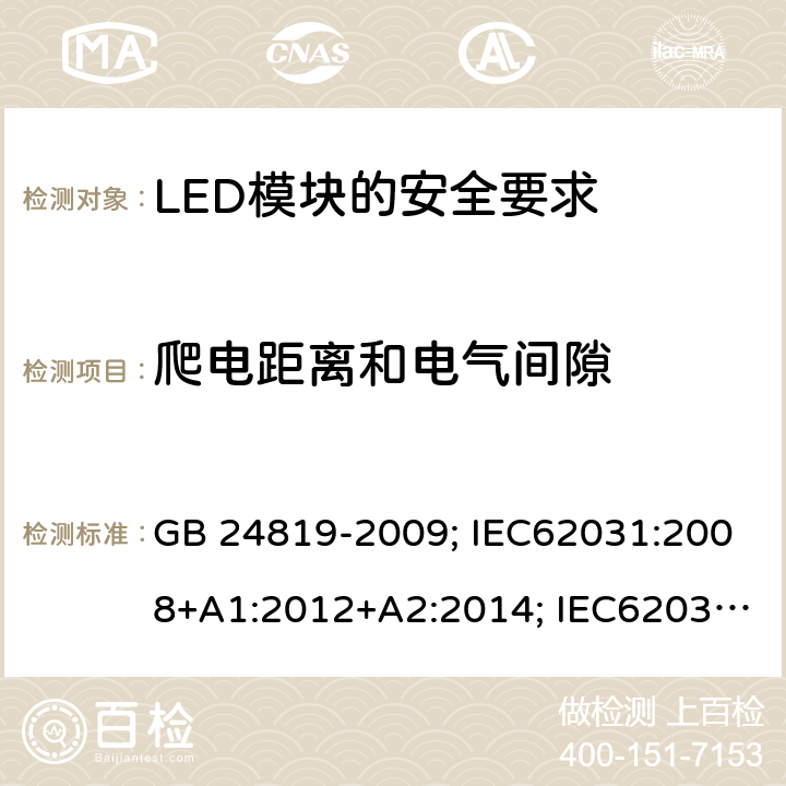 爬電距離和電氣間隙 普通照明用LED模塊 安全要求 GB 24819-2009; IEC62031:2008+A1:2012+A2:2014; IEC62031:2018;
EN62031:2008+A1:2013+A2:2015 16