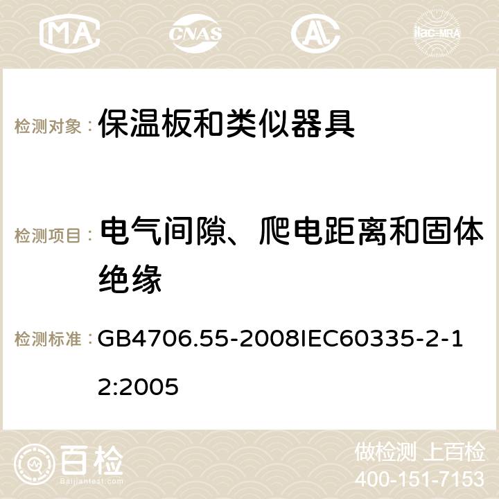 电气间隙、爬电距离和固体绝缘 家用和类似用途电器的安全保温板和类似器具的特殊要求 GB4706.55-2008 GB4706.55-2008
IEC60335-2-12:2005 29