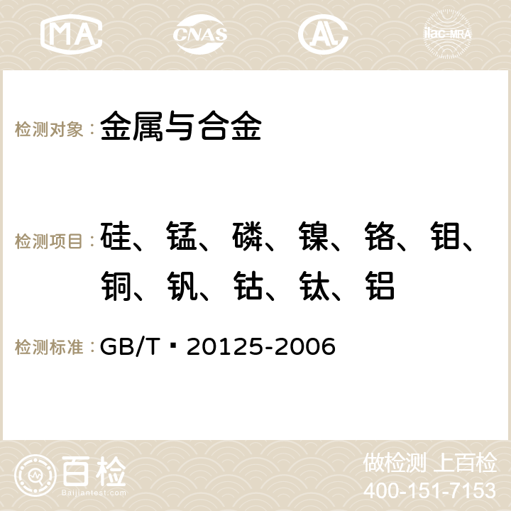 硅、锰、磷、镍、铬、钼、铜、钒、钴、钛、铝 低合金钢 多元素的测定 电感耦合等离子体发射光谱法 GB/T 20125-2006