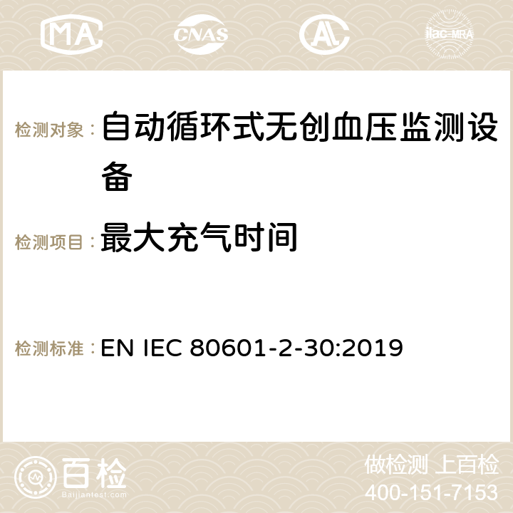 最大充气时间 医用电气设备 第2-30部分 专用要求：自动循环式无创血压监测设备的安全，含基本性能 EN IEC 80601-2-30:2019 201.104