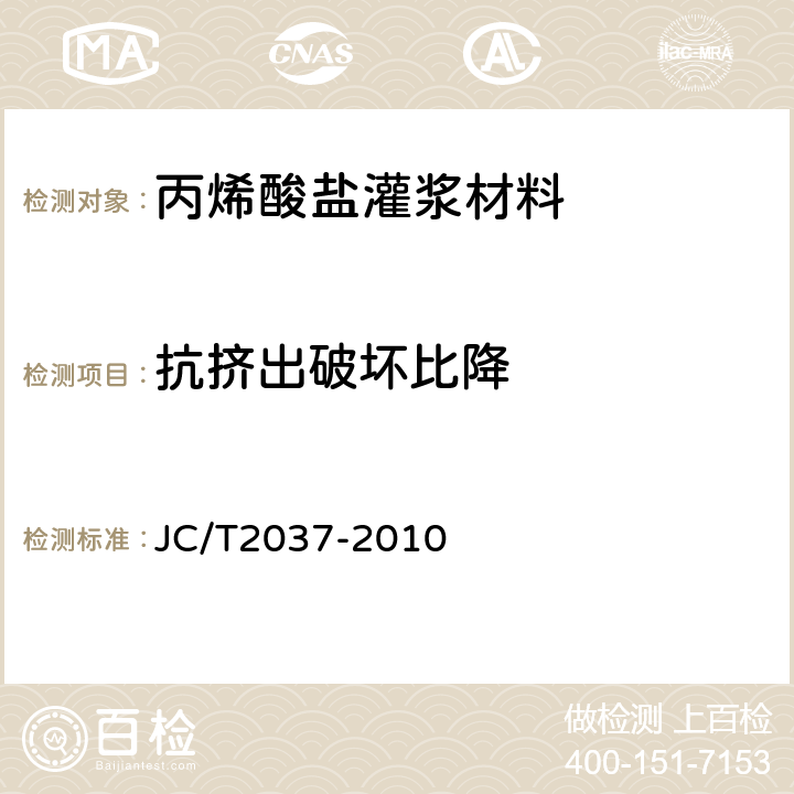 抗挤出破坏比降 《丙烯酸盐灌浆材料 》 JC/T2037-2010 （ 7.10）