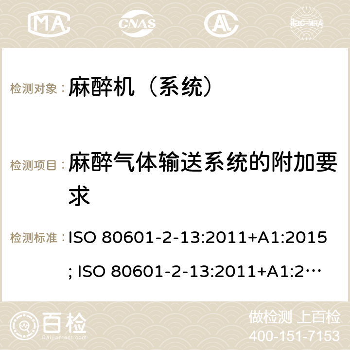 麻醉气体输送系统的附加要求 医用电气设备 第2-13部分:麻醉工作站的基本安全和基本性能的特殊要求 ISO 80601-2-13:2011+A1:2015; ISO 80601-2-13:2011+A1:2015+A2:2018 ; EN ISO 80601-2-13:2012; EN ISO 80601-2-13:2012+A2:2019 201.101