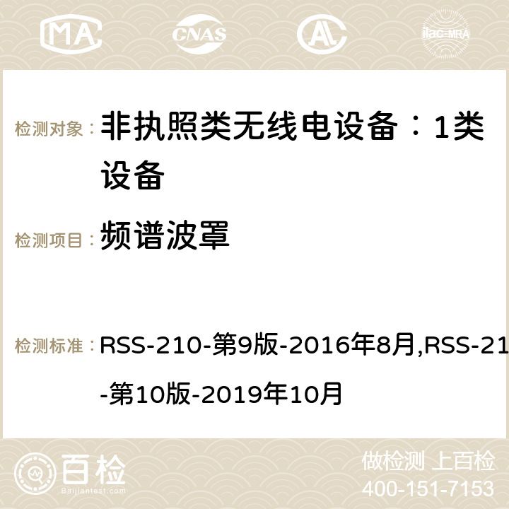 频谱波罩 非执照类无线电设备：1类设备 RSS-210-第9版-2016年8月,RSS-210-第10版-2019年10月 Annex D,F,C