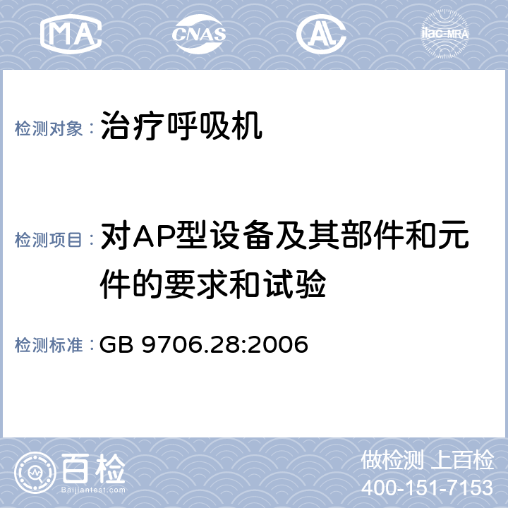 对AP型设备及其部件和元件的要求和试验 医用电气设备 第2部分：呼吸机安全专用要求 治疗呼吸机 GB 9706.28:2006 40