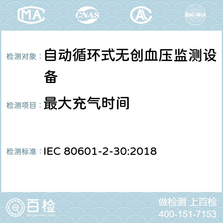 最大充气时间 医用电气设备 第2-30部分 专用要求：自动循环式无创血压监测设备的安全，含基本性能 IEC 80601-2-30:2018 201.104