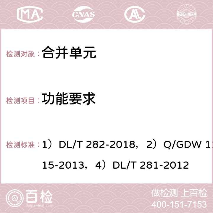 功能要求 1）合并单元技术条件,2）模拟量输入式合并单元检测规范，4)合并单元测试规范 1）DL/T 282-2018，2）Q/GDW 11015-2013，4）DL/T 281-2012 1）6.4，2）7.2，4）6.7