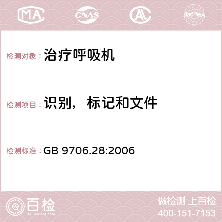 识别，标记和文件 医用电气设备 第2部分：呼吸机安全专用要求 治疗呼吸机 GB 9706.28:2006 6