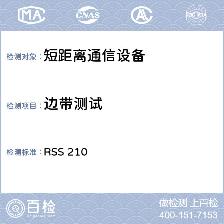 边带测试 RSS 210 低功率免授权无线电通信设备（全频段）：I类设备 