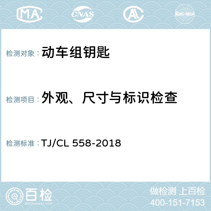 外观、尺寸与标识检查 TJ/CL 558-2018 动车组钥匙暂行技术条件  6.1