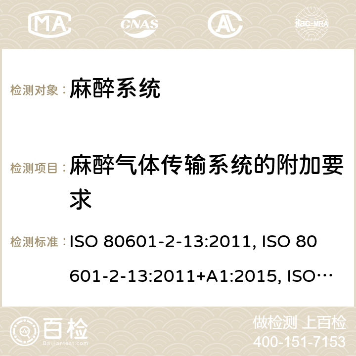 麻醉气体传输系统的附加要求 CAN/CSA-C22.2 NO.80601 医用电气设备 第2-13部分：麻醉工作站基本安全和基本性能的专用要求 ISO 80601-2-13:2011, ISO 80601-2-13:2011+A1:2015, ISO 80601-2-13:2011+A1:2015+A2:2018, EN ISO 80601-2-13:2011, -2-13:15; EN ISO 80601-2-13:2011+A1:2019+A2:2019, CAN/CSA-C22.2 No. 80601-2-13B:15 201.101