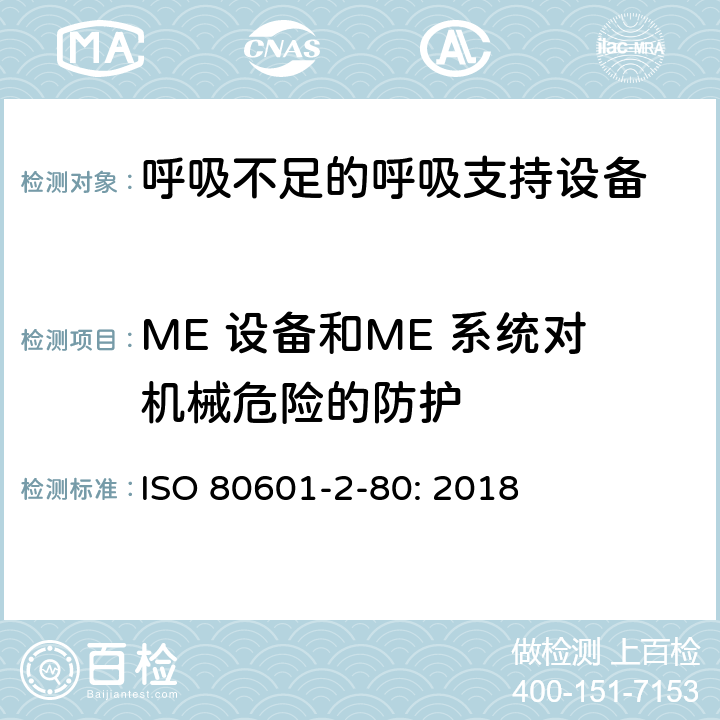 ME 设备和ME 系统对机械危险的防护 医用电气设备 第2-80部分：呼吸不足的呼吸支持设备的基本安全和基本性能专用要求 ISO 80601-2-80: 2018 201.9