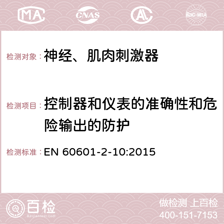 控制器和仪表的准确性和危险输出的防护 医用电气设备 第2-10部分：神经、肌肉刺激器基本性能和基本安全专用要求 EN 60601-2-10:2015 201.12