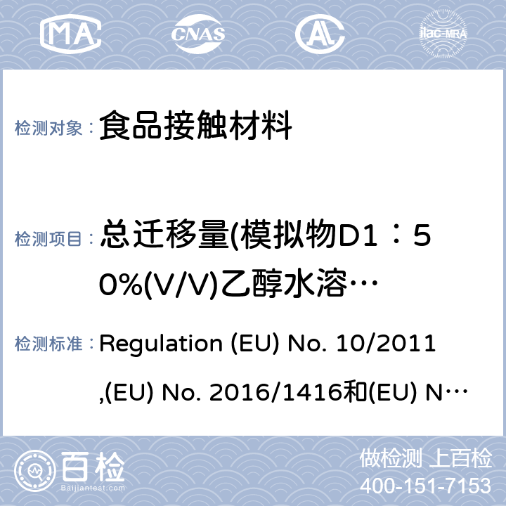 总迁移量(模拟物D1：50%(V/V)乙醇水溶液) 食品接触塑料及容器(适用于欧盟法规 Regulation (EU) No. 10/2011,(EU) No. 2016/1416和(EU) No. 2017/752 Regulation (EU) No. 10/2011,(EU) No. 2016/1416和(EU) No. 2017/752