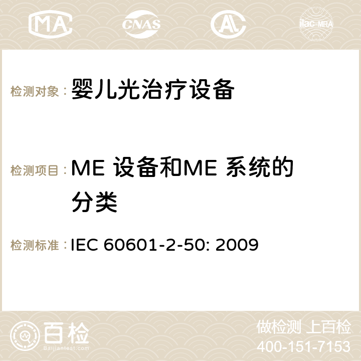 ME 设备和ME 系统的分类 医用电气设备 第2-50部分：婴儿光治疗设备的基本性和与基本安全专用要求 IEC 60601-2-50: 2009 201.6