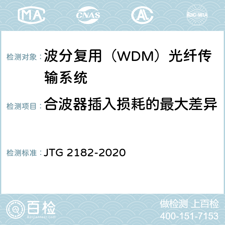 合波器插入损耗的最大差异 公路工程质量检验评定标准 第二册 机电工程 JTG 2182-2020 5.5.2