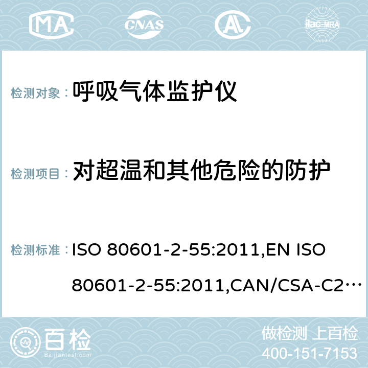 对超温和其他危险的防护 CAN/CSA-C22.2 NO.80601 医用电气设备 第2-55部分：呼吸气体监护仪基本性能和基本安全专用要求 ISO 80601-2-55:2011,EN ISO 80601-2-55:2011,CAN/CSA-C22.2 No.80601-2-55:14 201.11