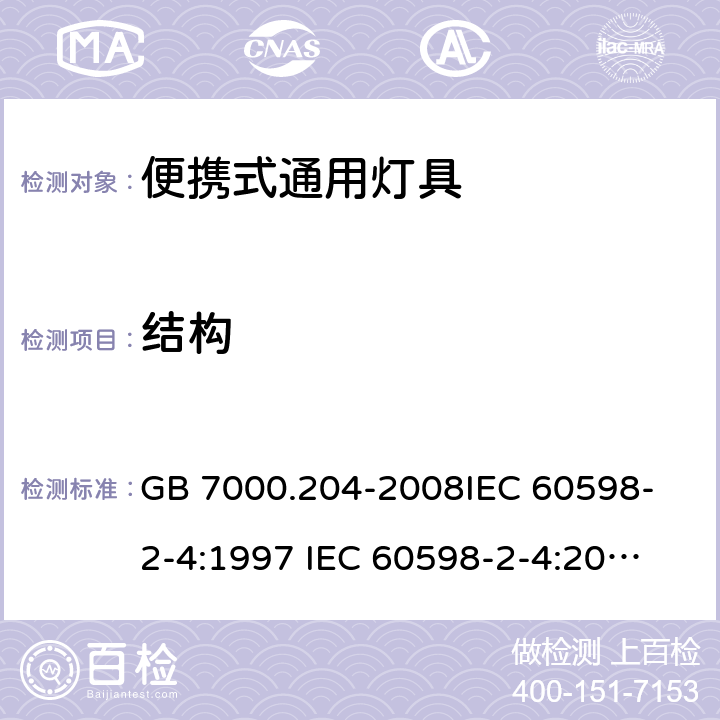 结构 灯具 第2-4 部 分：特殊要求 可移式通用灯具 GB 7000.204-2008
IEC 60598-2-4:1997
 IEC 60598-2-4:2017
EN 60598-2-4:2018
AS/NZS60598.2.4:2005+A1:2007 6