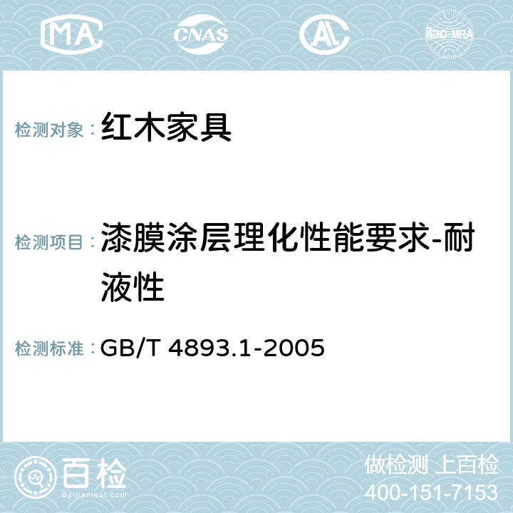 漆膜涂层理化性能要求-耐液性 家具表面耐冷液测定法 GB/T 4893.1-2005