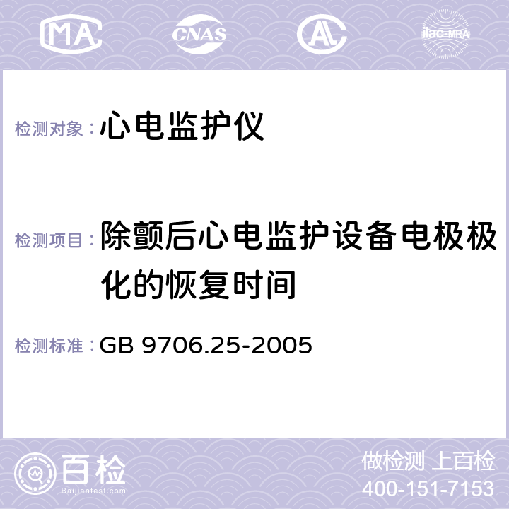 除颤后心电监护设备电极极化的恢复时间 医用电气设备 第2-27部分：心电监护设备安全专用要求 GB 9706.25-2005 51.102