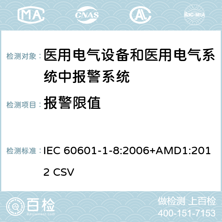 报警限值 医用电气设备 第1-8部分：安全通用要求 并列标准：通用要求 医用电气设备和医用电气系统中报警系统的测试和指南 IEC 60601-1-8:2006+AMD1:2012 CSV 6.6