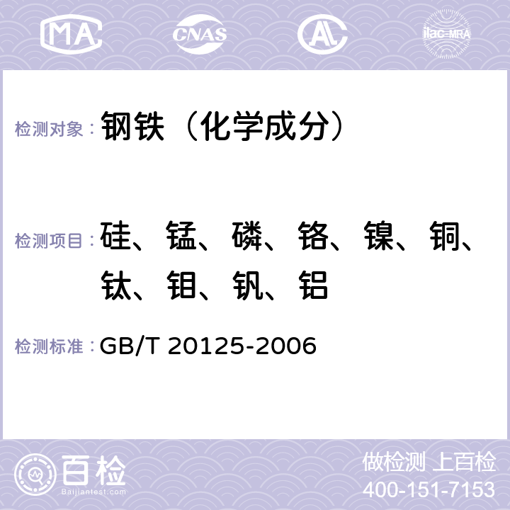 硅、锰、磷、铬、镍、铜、钛、钼、钒、铝 低合金钢 多素的测定 电感耦合等离子体发射光谱法 GB/T 20125-2006