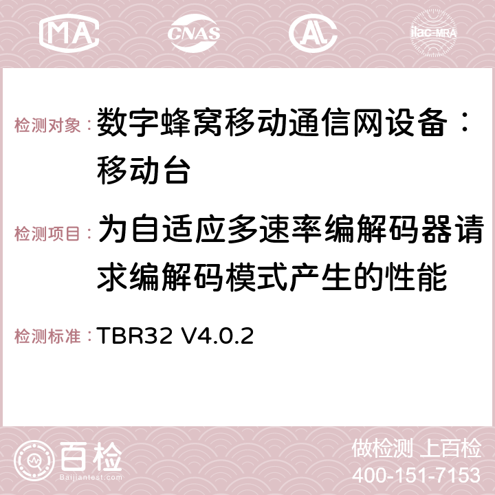 为自适应多速率编解码器请求编解码模式产生的性能 欧洲数字蜂窝通信系统GSM900、1800 频段基本技术要求之32 TBR32 V4.0.2 TBR32 V4.0.2