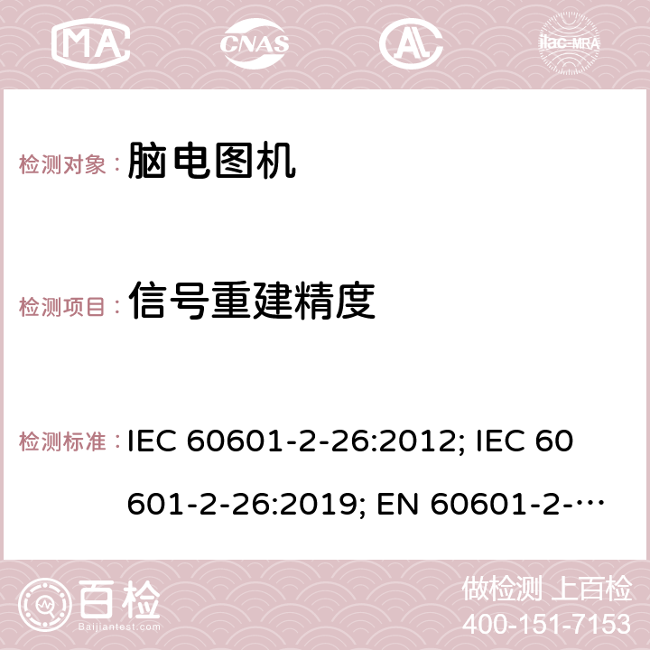 信号重建精度 IEC 60601-2-26 医用电气设备 第2-26部分:脑电图机基本安全和基本性能特殊要求 :2012; :2019; EN 60601-2-26:2015;EN :2020 201.12.1.101.1