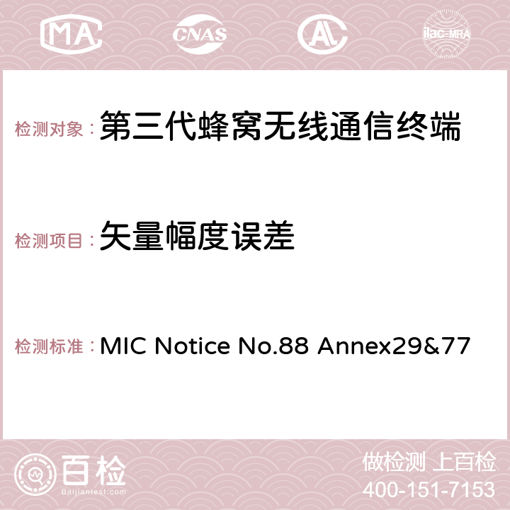 矢量幅度误差 MIC Notice No.88 Annex29&77 WCDMA/HSDPA工作方式陆地移动台特性测试方法  5.13.1