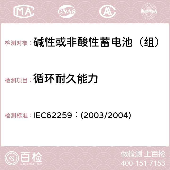 循环耐久能力 含碱或其他非酸性电解质的蓄电池和蓄电池组.部分气体复合的镍镉二次单电池 IEC62259：(2003/2004) 7.4.1