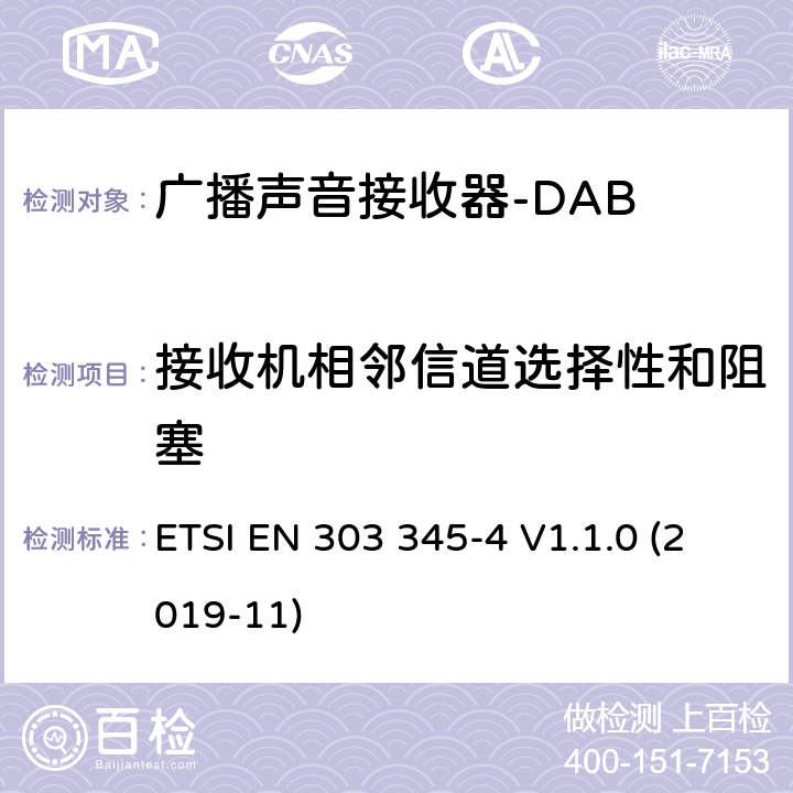 接收机相邻信道选择性和阻塞 广播声音接收器； 第4部分：DAB广播声音服务； 无线电频谱协调统一标准 ETSI EN 303 345-4 V1.1.0 (2019-11) 4.3