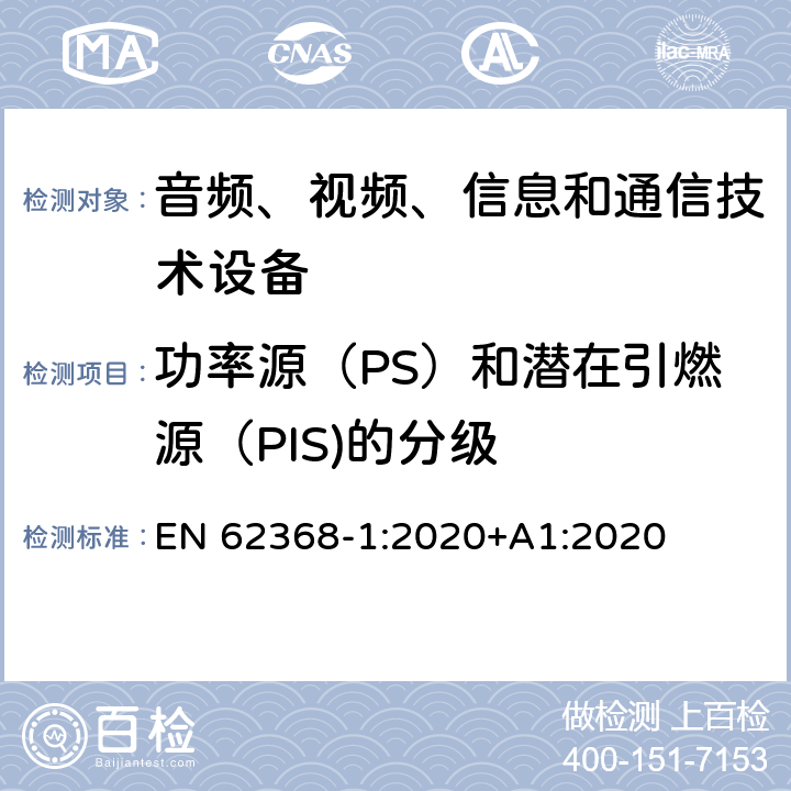 功率源（PS）和潜在引燃源（PIS)的分级 音频、视频、信息和通信技术设备第1部分：安全要求 EN 62368-1:2020+A1:2020 6.2