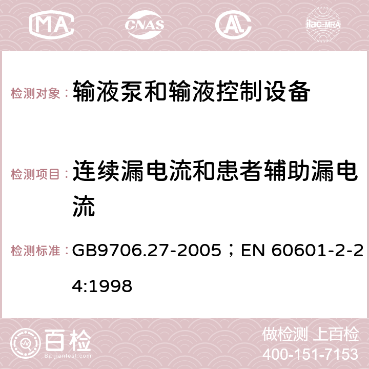 连续漏电流和患者辅助漏电流 输液泵和输液控制器安全专用要求 GB9706.27-2005；EN 60601-2-24:1998 19