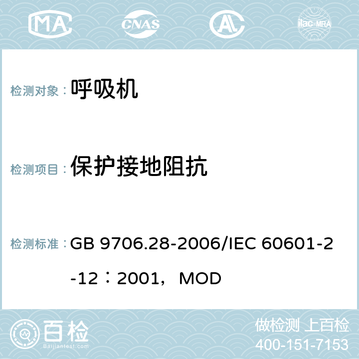 保护接地阻抗 医用电气设备第2部分：呼吸机安全专用要求 治疗呼吸机 GB 9706.28-2006/IEC 60601-2-12：2001，MOD 18