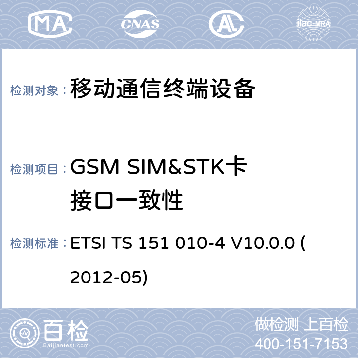 GSM SIM&STK卡接口一致性 数字蜂窝电信系统（2阶段）；移动台（MS）一致性规范；4部分：用户身份模块(SIM) 工具包应用一致性测试规范 ETSI TS 151 010-4 V10.0.0 (2012-05)