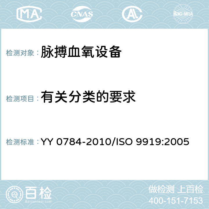 有关分类的要求 ISO 9919-2005 医疗电器  医用脉动式血氧计基本安全和基本性能的特殊要求