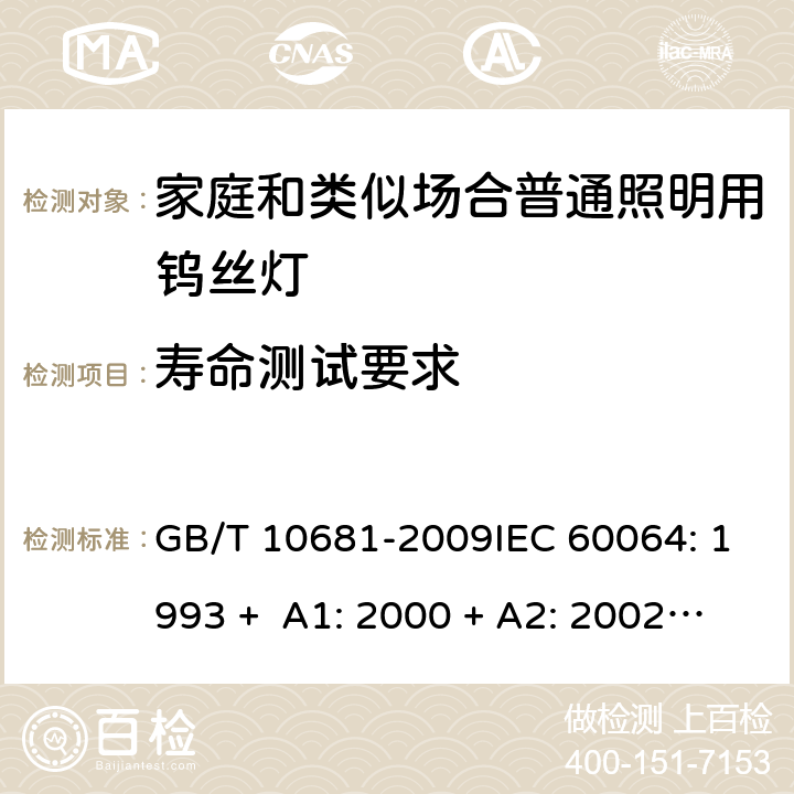 寿命测试要求 家庭和类似场合普通照明用钨丝灯 性能要求 GB/T 10681-2009IEC 60064: 1993 + A1: 2000 + A2: 2002 + A3: 2005 + A4: 2007 + A5: 2009EN 60064: 1995 + A2: 2003 + A3: 2006 + A4: 2007 + A5: 2009 + A11: 2007 4.2.6