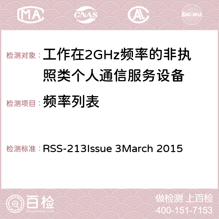 频率列表 工作在2GHz频率的非执照类个人通信服务设备 RSS-213
Issue 3
March 2015 5.1