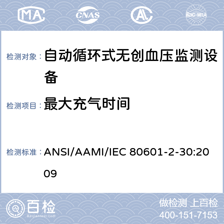 最大充气时间 医用电气设备 第2-30部分 专用要求：自动循环式无创血压监测设备的安全，含基本性能 ANSI/AAMI/IEC 80601-2-30:2009 201.104