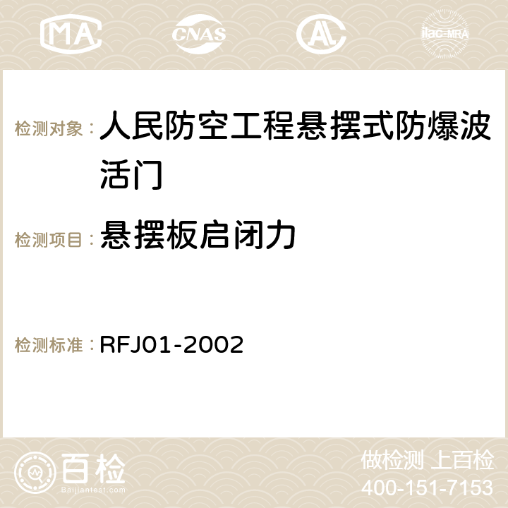 悬摆板启闭力 人民防空工程防护设备产品质量检验与施工验收标准 RFJ01-2002