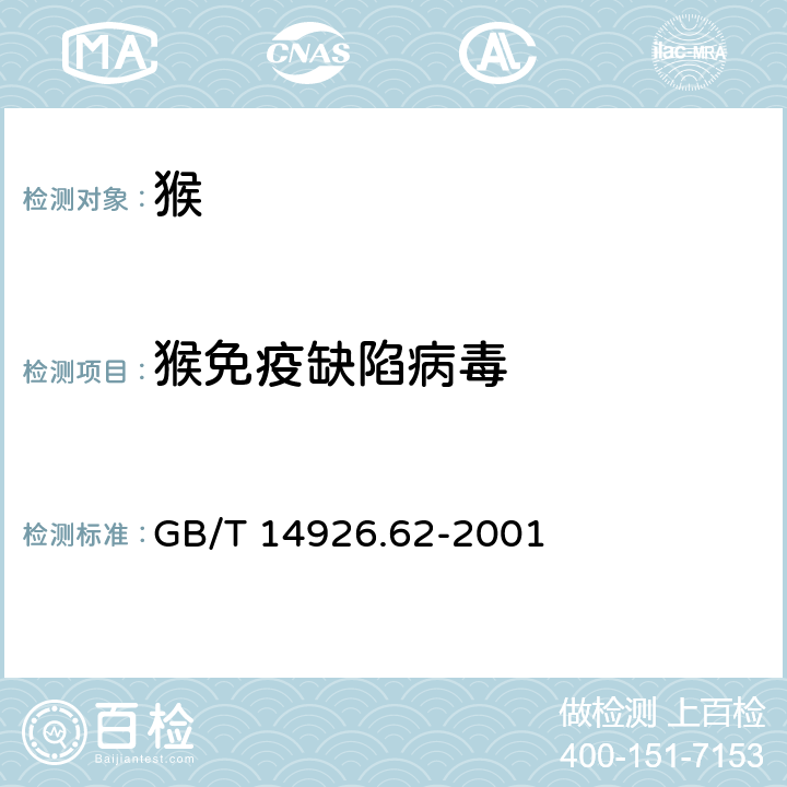 猴免疫缺陷病毒 实验动物 猴免疫缺陷病毒检测方法 GB/T 14926.62-2001