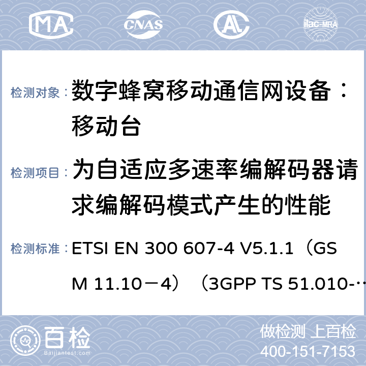 为自适应多速率编解码器请求编解码模式产生的性能 数字蜂窝通信系统 移动台一致性规范（第四部分）：STK 一致性规范 ETSI EN 300 607-4 V5.1.1（GSM 11.10－4）（3GPP TS 51.010-4.7.0） ETSI EN 300 607-4 V5.1.1（GSM 11.10－4）（3GPP TS 51.010-4.7.0）