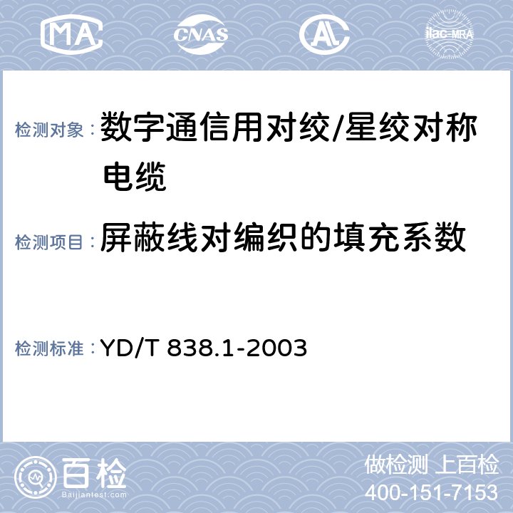 屏蔽线对编织的填充系数 数字通信用对绞/星绞对称电缆 第2部分：水平对绞电缆-分规范 YD/T 838.1-2003 2.2.9