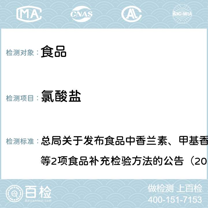 氯酸盐 食品中氯酸盐和高氯酸盐的测定 总局关于发布食品中香兰素、甲基香兰素和乙基香兰素的测定等2项食品补充检验方法的公告（2017年第64号）附件2（BJS 201706）