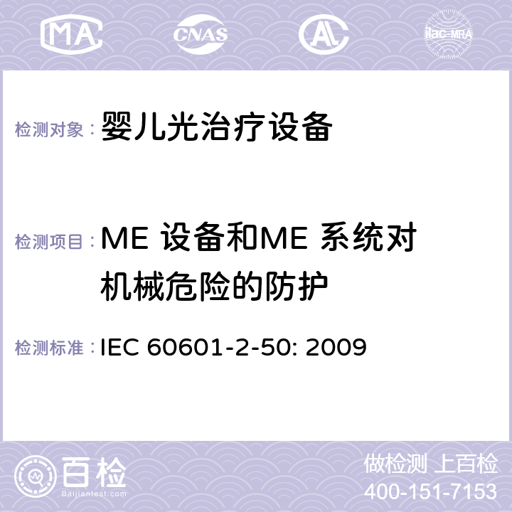 ME 设备和ME 系统对机械危险的防护 医用电气设备 第2-50部分：婴儿光治疗设备的基本性和与基本安全专用要求 IEC 60601-2-50: 2009 201.9