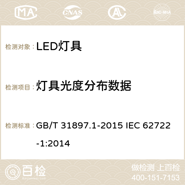 灯具光度分布数据 灯具性能　第1部分：一般要求 GB/T 31897.1-2015 IEC 62722-1:2014 附录D